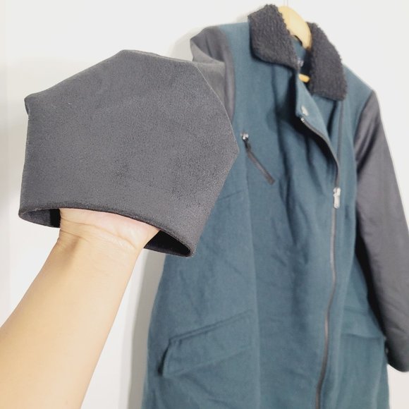 Asos Curve Faux Leather Zip Moto Jacket Wool Blend Coat Black Teal Plus Size 16 - Picture 2 of 13